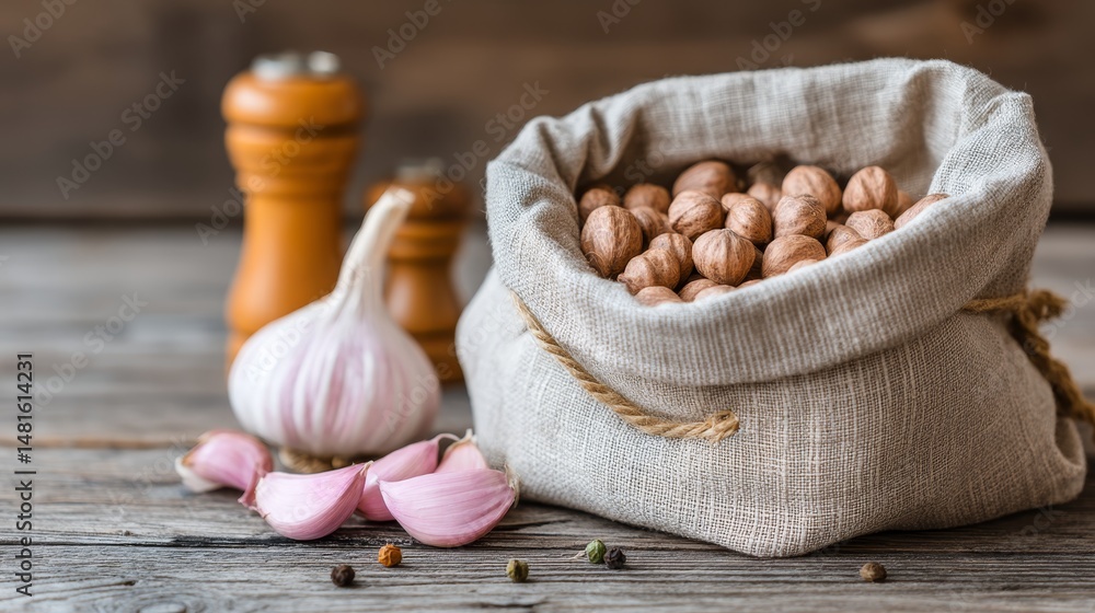 Aufkleber Fabric sack brimming with assorted nuts rests on a weathered wooden kitchen counter alongside fresh garlic cloves and fragrant spices, creating a rustic culinary scene
