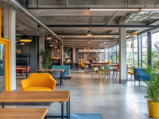 Modern coworking space interior design with desks chairs and plants in a bright open office area interior architecture