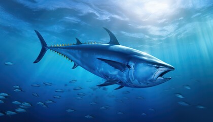 Obraz premium Swarm of Bluefin Tuna in the middle of the blue ocean