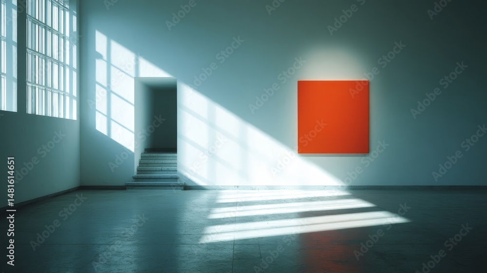 Aufkleber Bright wall showcases a vivid red abstract canvas in a minimalist room. Shadows from a large window create dynamic patterns across the floor