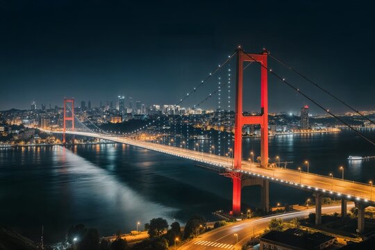 long red suspension bridge spans a body of sea concept istanbul boğaz k&ouml;pr&uuml;s&uuml; 15 temmuz brightly lit un largo puente colgante rojo sobre una masa de mar concepto los pilones del puente y la calzada