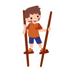 Fototapeta premium Boy Learning to Walk on Stilts, Happy Child's Play, Outdoor Activity.