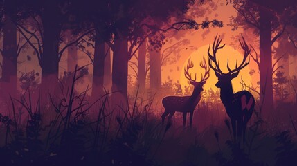 Silhouettes of deer in a misty forest at sunset