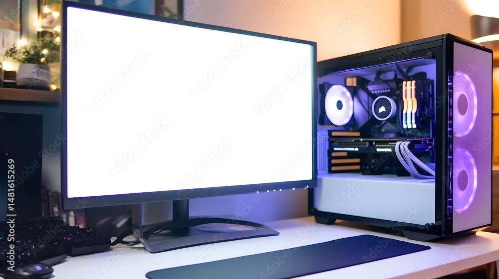 Poster modern computer setup with empty screen and glowing components.