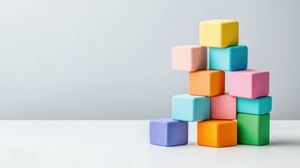 Colorful building blocks stacked creatively.