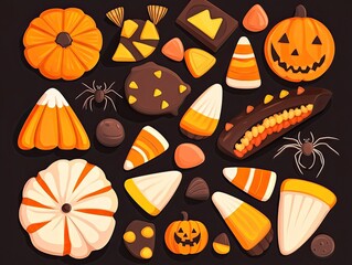Halloween treats and candies arranged on a dark background.