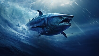 Fototapeta premium Swarm of Bluefin Tuna in the middle of the blue ocean