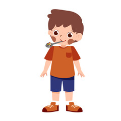 Boy with Spoon: Cheerful Cartoon Character, Red-Brown Tones, Blue Shorts, Casual, Pocket Detail.