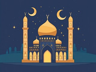 Golden mosque at night, illuminated by moonlight.