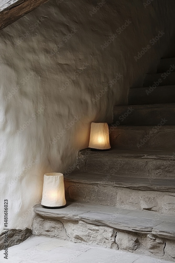 Poster two lit paper lanterns illuminate stone steps in a rustic interior setting warm light and textured w