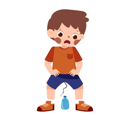 Cartoon Boy's Disappointment: Broken Bottle, Sad Expression, Childhood Mishap.