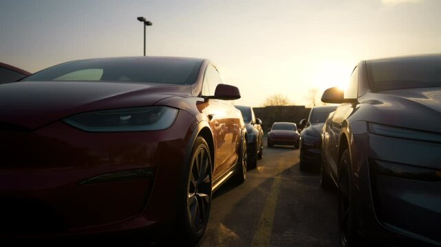 Rows of cars in a car dealership parking lot, in the evening during sunset. Move camera view