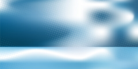 Panoramic abstract blue background for product presentation with sunlight and blurred shadows wall. Winter background.