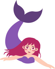 Cartoon Mermaid: Crimson Hair, Plum Tail, Smiling Character.