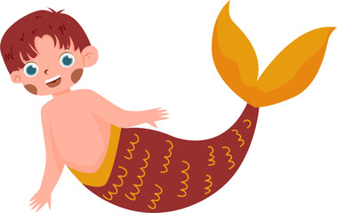 Cartoon Boy Merman with Auburn Tail and Cheerful Expression.