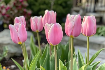 Fototapeta premium Pink tulips in a garden bed