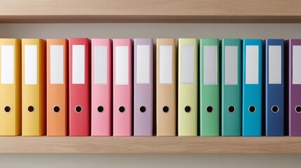 Brightly colored folders and binders are meticulously organized on shelves, creating a vibrant and orderly display that enhances the office environment