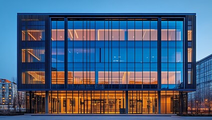 Fototapeta premium Modern corporate glass facade architecture with visible interiors at twilight time