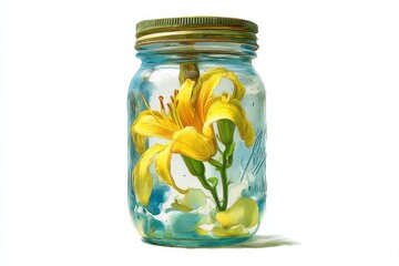 Detailed illustration of a yellow lily in a vintage glass jar.
