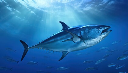 Swarm of Bluefin Tuna in the middle of the blue ocean