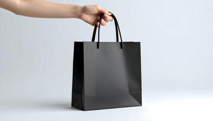 Hand Holding Black Gift Bag with Sleek Handles Isolated on White Background in Studio Lighting Presenting Modern Retail Package