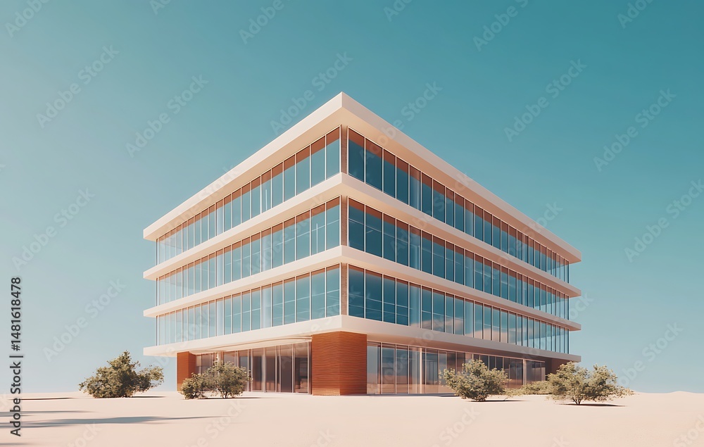 Aufkleber modern cubical office building with trees under clear sky architecture