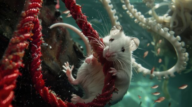 White mouse in aquarium with ropes