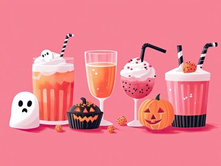 Halloween themed drinks and treats displayed on a pink background.