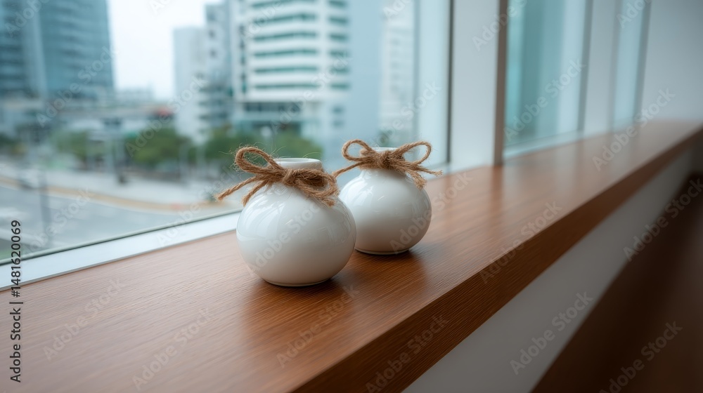 Poster two white ceramic vases tied with brown twine sit on a wooden shelf, beautifully lit by soft dayligh
