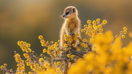 Adorable meerkat in golden flowers