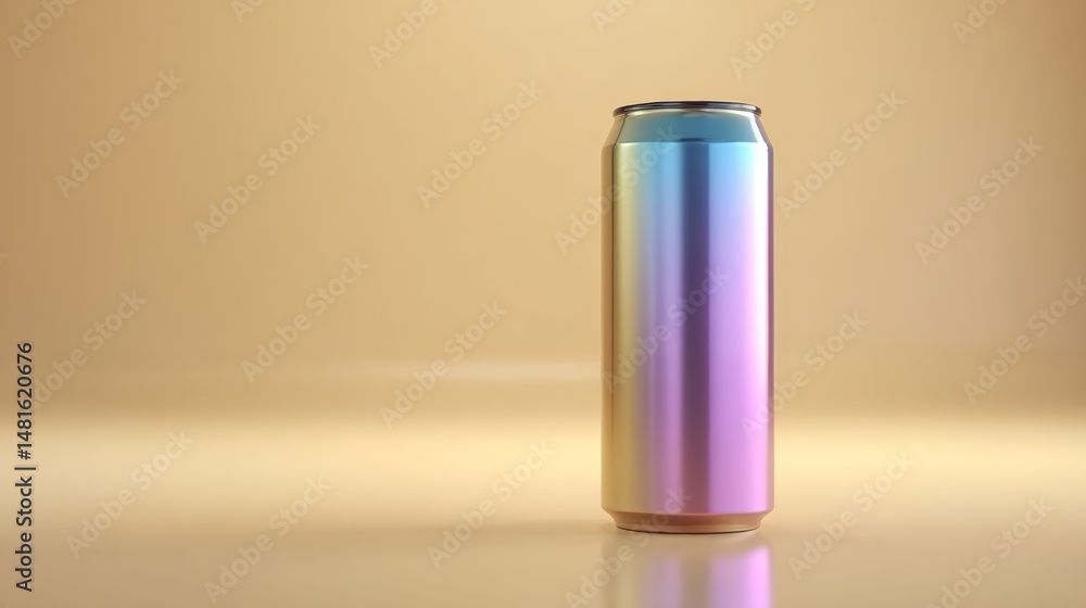 Aufkleber a vibrant can stands upright, showcasing an iridescent finish while positioned on a matte cream surf