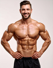 Happy Bodybuilder Showing Off His Muscular Body Posing in Black Shorts on White Background Studio Shot Featuring Defined Abs and Strong Physique