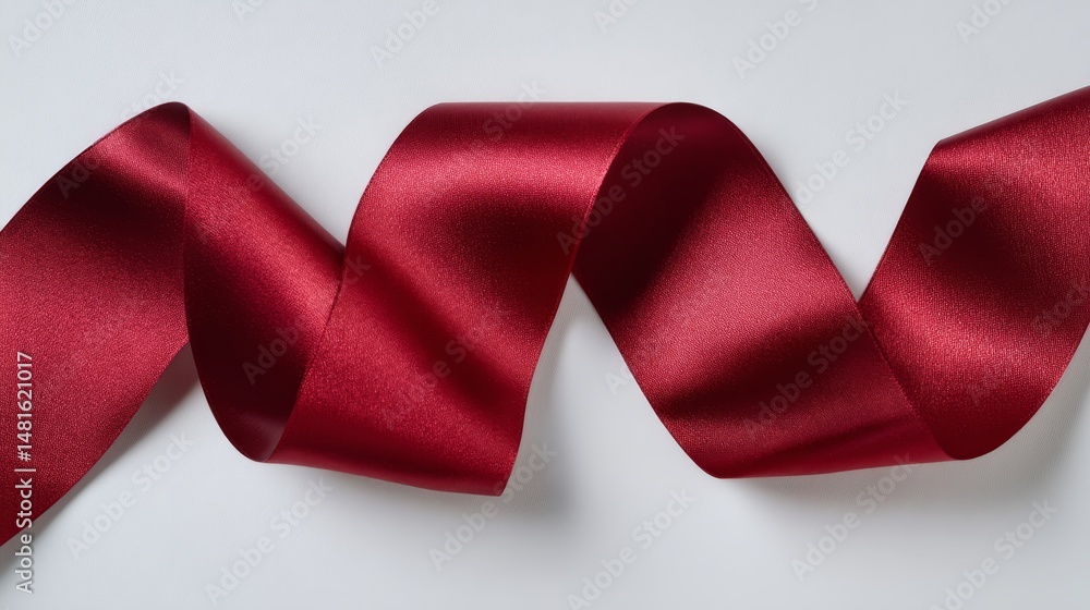 Poster the close-up features a vibrant red ribbon banner, gracefully curled in a wavy shape on a pure white