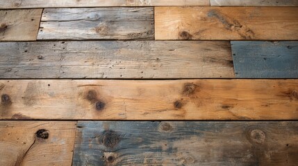 Naklejka premium Reclaimed wood planks display unique grains and knots, arranged in horizontal rows, highlighting the natural beauty and weathered textures of each piece