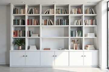 Modern white bookcase, sleek design, open shelving, home, display, storage