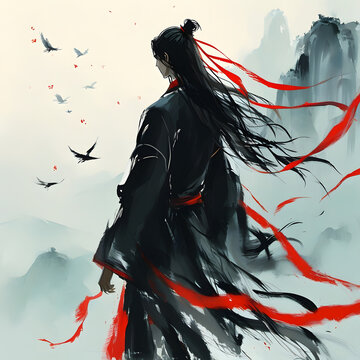 Man in black robes standing in a mystical landscape