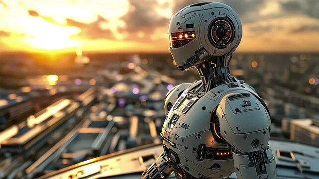 robot overlooking futuristic city at sunset