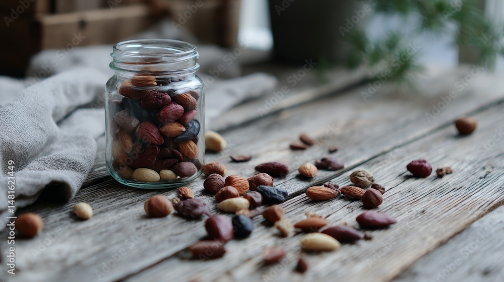 Poster a jar filled with various nuts sits front-facing on a rustic wooden tabletop, surrounded by scattere