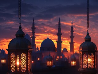 Silhouetted mosques at sunset, illuminated by ornate lanterns.