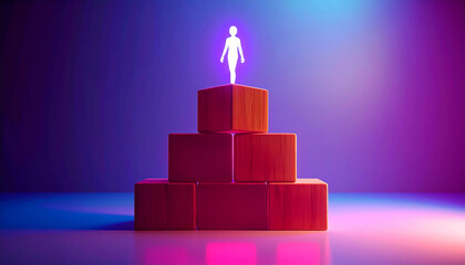 Empowering progress creative journey of a figure on block pyramid studio setting digital art inspirational atmosphere