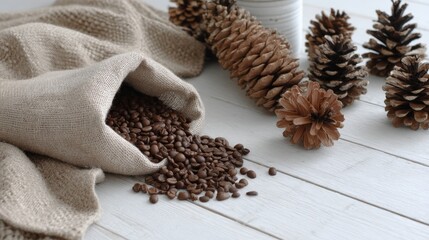 Coffee beans spill from a burlap sack on a rough wood table, surrounded by natural pinecones and earthy props, creating a warm and inviting atmosphere