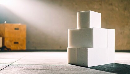 Building blocks stacked in a studio minimalist photography industrial environment close-up perspective