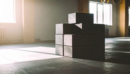 Construction blocks stacked in sunlit industrial space still life photography minimalist design
