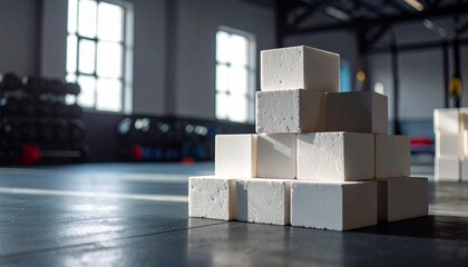 Fitness training equipment setup gym facility image of foam blocks indoor environment close-up view exercise concept