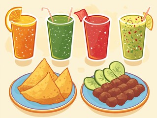 Colorful assortment of refreshing drinks and snacks.