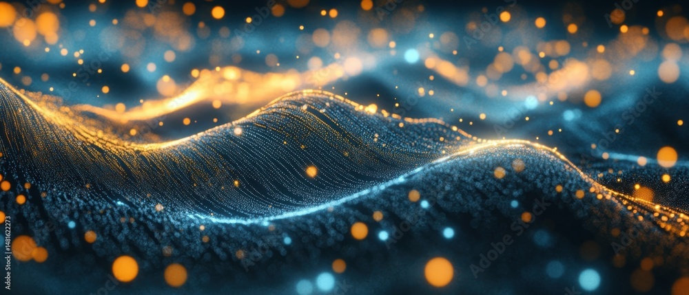 Aufkleber abstract data stream visualization with glowing particles and wavy lines in blue and gold tones digi