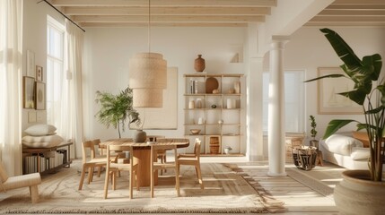 Modern dining area with natural light and warm tones