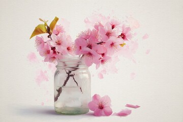 Delicate pink blossoms in a glass jar, evoking spring.