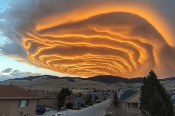 Golden, lenticular cloud over a town