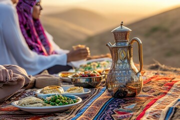 Outdoor desert picnic with Middle Eastern food and women.
